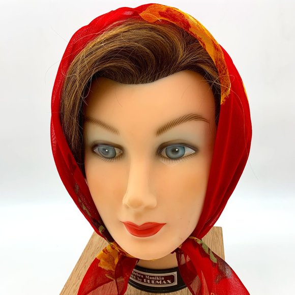 Ellen Tracy red floral sheer silk scarf approximately 21" x 22" - Picture 2 of 9